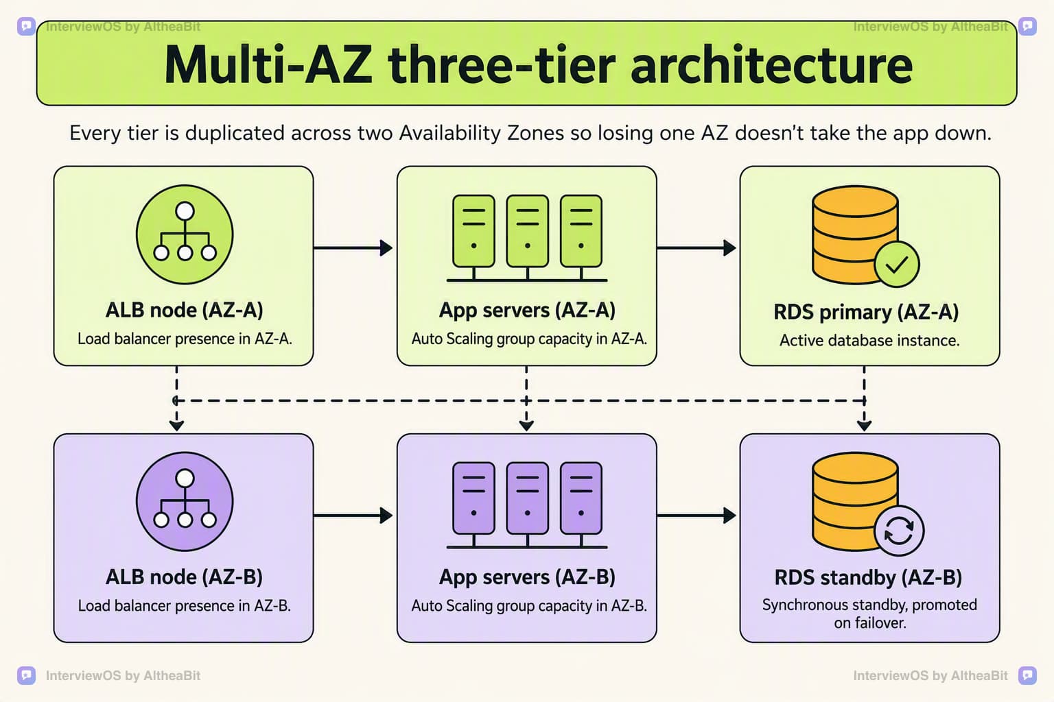 Illustration for the lesson: Design a highly available three-tier web application architecture on AWS that can survive the loss of a single Availability Zone.