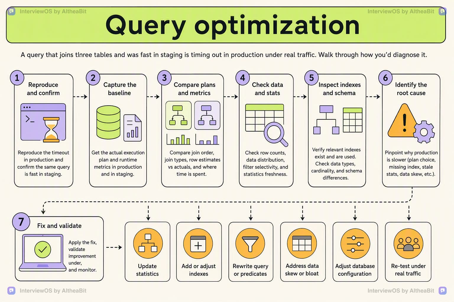 Illustration for the lesson: A query that joins three tables and was fast in staging is timing out in production under real traffic. Walk through how you'd diagnose it.
