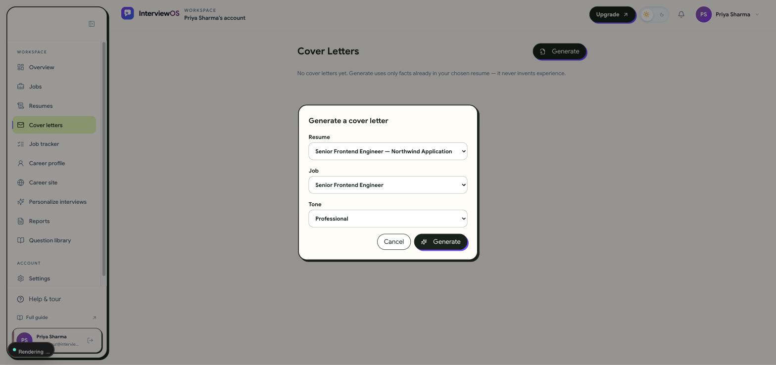 Generate a cover letter dialog with resume, job, and tone selectors