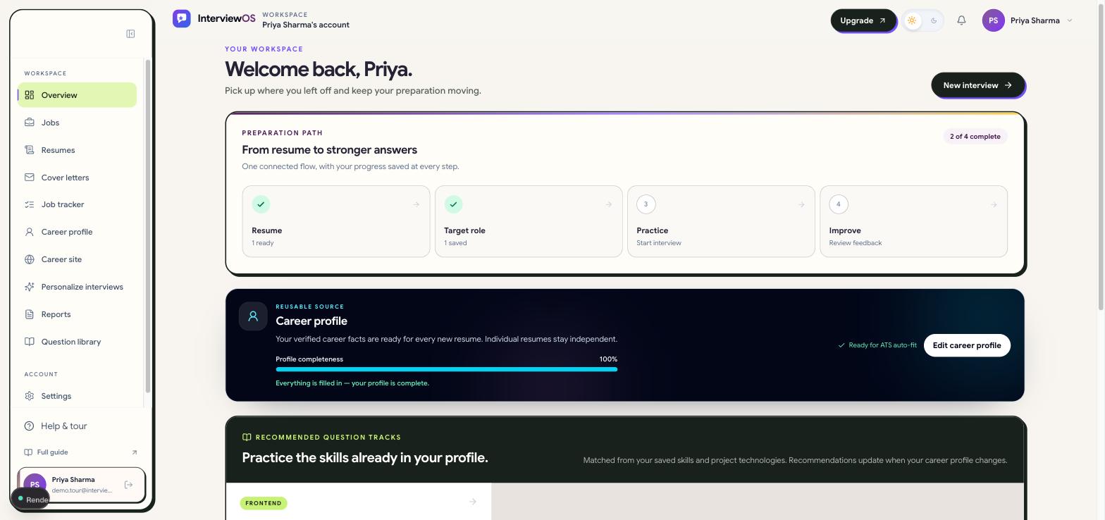 InterviewOS dashboard showing preparation progress, career profile completeness, and recommended question tracks