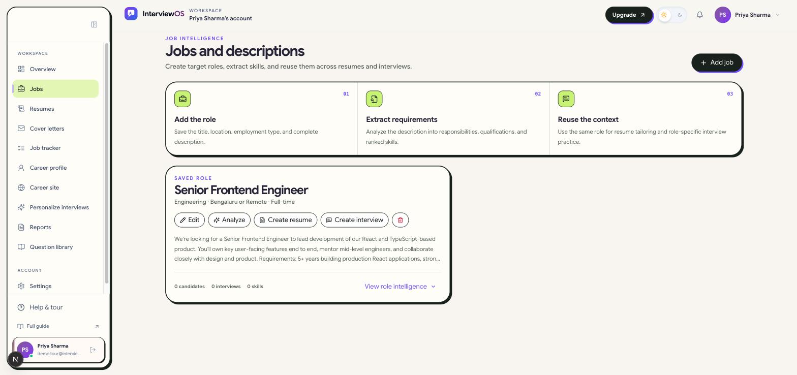 A saved job card showing title, location, employment type, and Edit, Analyze, Create resume, and Create interview actions