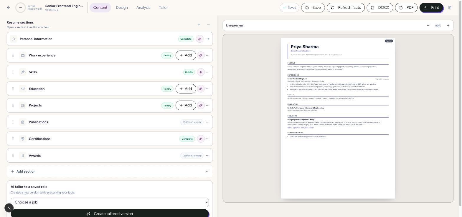 Resume editor with sections list on the left and a live preview of the formatted resume on the right